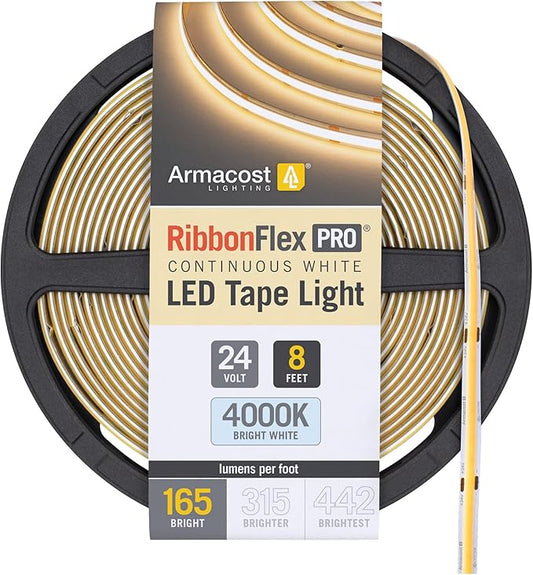Armacost Lighting RibbonFlex Pro 24V White COB LED Strip Light Tape 4000K, 165 Lumens/Ft, 2.5M 171310