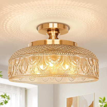 Lamomo Semi Flush Mount Ceiling Light, Upgraded Larger 12 Inch Hallway Light Fixture, 3 Light Globe Glass Close to Ceiling Scone, Amber Indoor Hanging Light for Bedroom Kitchen Porch Hallway