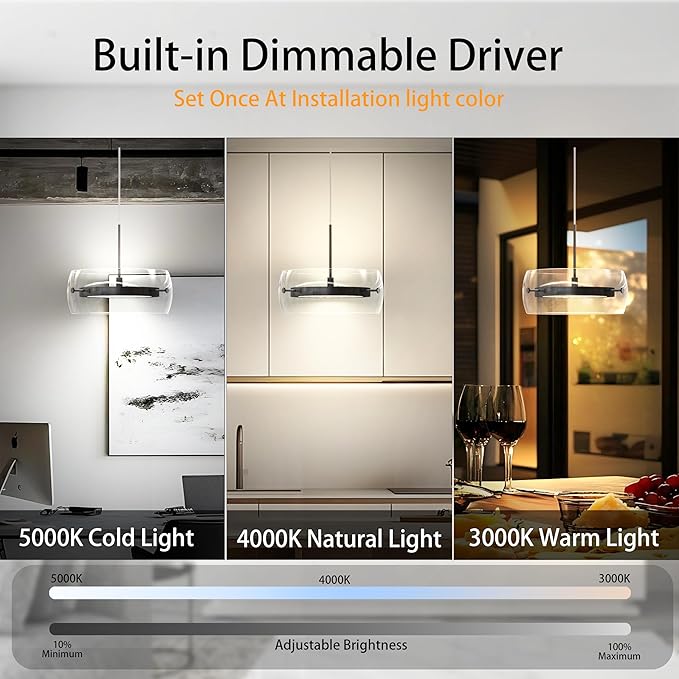 Pendant Lights Kitchen Island Dual-Sided LED Lighting, Adjustable Hanging Length, Glass Shade, Dimmable, Modern Ceiling Light Fixture for Dining Room, Bar, Living Room, Matte Black