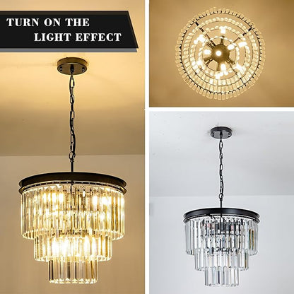 Crystal Chandelier 15.8" Modern K9 Crystal Hanging Pendant Lights 6-Lights Black 3-Tier Luxury Crystal Dining Room Light Fixture for Living Room Bedroom Kitchen Island Entryway Foyer Stair