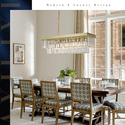 A AXILIXI Rectangular Crystal Chandelier Gold for Dining Room Modern Chandelier Rectangle Linear Pendant Light Fixtures for Kitchen Island L33” K9 Luxury Long Chandelier for Living Room