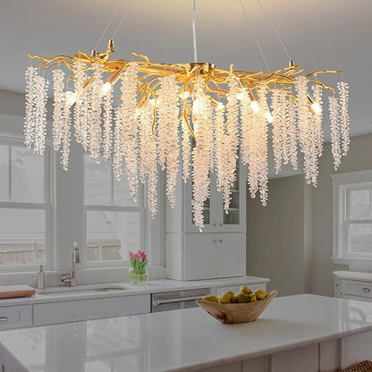 Modern Crystal Tree Branch Chandelier, Gold Linear Art Deco Raindrop Indoor Hanging Pendant Light Fixture for Dining Room Kitchen Island Living Room Bedroom 13 Lights L40''