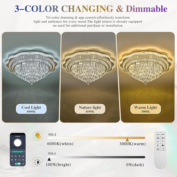 Gold LED Crystal Ceiling Light for Living Room, 40" Modern Large Flush Mount Chandelier with K9 Crystal Raindrop,Elegant Lighting Fixture with Remote Control for Hallway Dinning Room