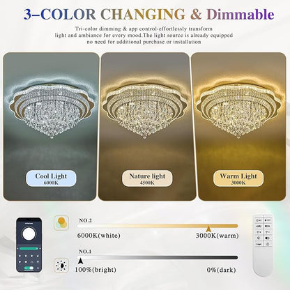 Gold LED Crystal Ceiling Light for Living Room, 40" Modern Large Flush Mount Chandelier with K9 Crystal Raindrop,Elegant Lighting Fixture with Remote Control for Hallway Dinning Room