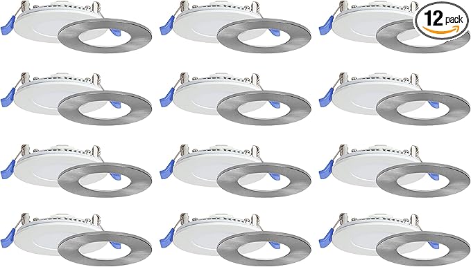 Nadair, 3’’ LED Recessed Ultra Slim Lights, 12-Pack, IC Rated, Dimmable, 6W=50W, 450 Lumens, 4000K (Cool White), Large Junction Box, Quick Connect System, White Finish, Brushed Nickel Trim Included