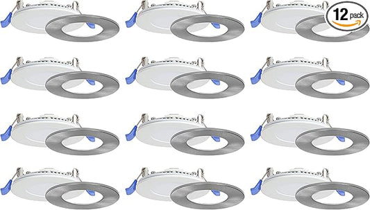 Nadair, 3’’ LED Recessed Ultra Slim Lights, 12-Pack, IC Rated, Dimmable, 6W=50W, 450 Lumens, 4000K (Cool White), Large Junction Box, Quick Connect System, White Finish, Brushed Nickel Trim Included