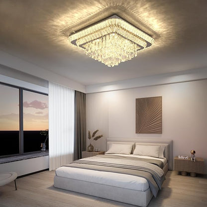 COCOSTAR Crystal Chandeliers, Modern Led Luxury Chandelier, 34" Suqare Flush Mount Chandelier Ceiling Light, Raindrop Chandeliers for Dining Room, Living Room, Bedroom