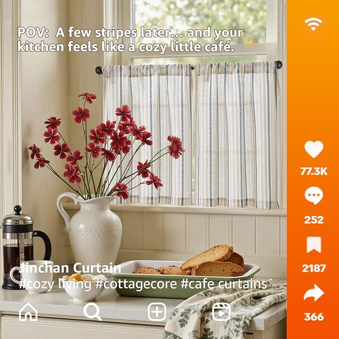 jinchan Colorful Striped Linen Kitchen Curtains 24 Inch Tier Curtains Farmhouse Modern Cafe Small Window Treatments Light Filtering Rod Pocket for Living Room Bathroom 2 Panels Multi Blue