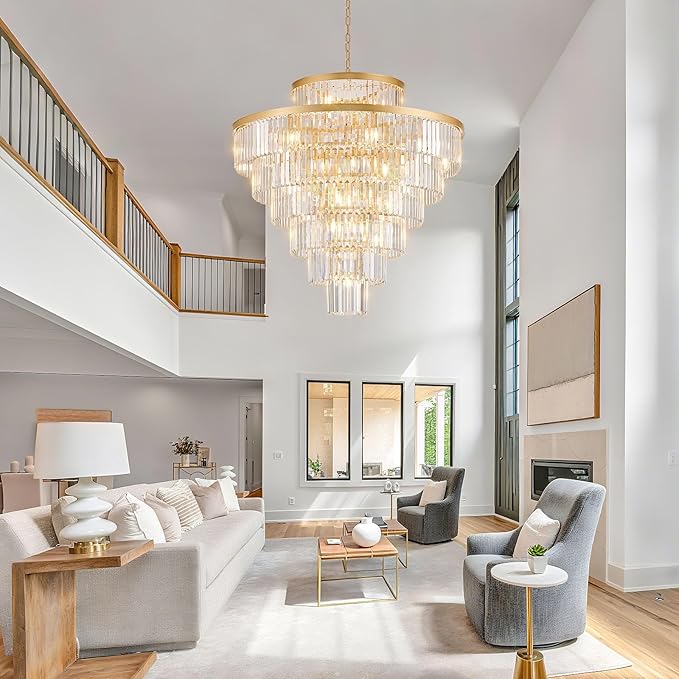 Crystal Chandeliers Large 40" 28 Lights Modern Round Chandelier Luxury Gold 7-Tier K9 Crystal Ceiling Pendant Lighting Fixture for Tall Ceiling Foyer Staircase Living Room