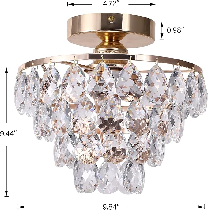 Luupyia Gold Crystal Chandelier Small, Mini Ceiling Light Modern Flush Mount Crystal Chandelier Hallway Overhead Light Fixtures Ceiling for Hallway Bedroom Hall Living Room E26