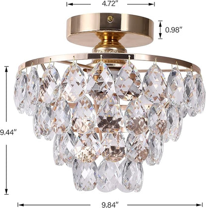 Luupyia Gold Crystal Chandelier Small, Mini Ceiling Light Modern Flush Mount Crystal Chandelier Hallway Overhead Light Fixtures Ceiling for Hallway Bedroom Hall Living Room E26