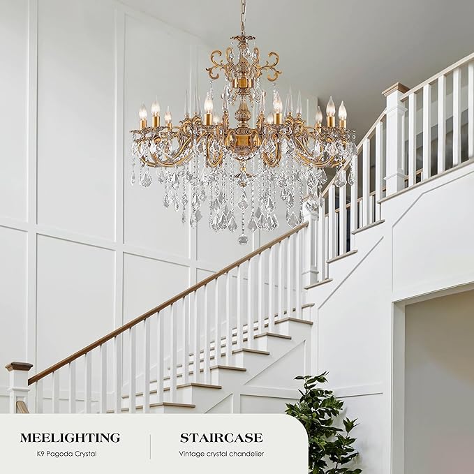 Gold Crystal Chandelier, 10-Light Antique Bronze Candle Pendant Ceiling Light Fixture with K9 Crystals for Dining and Living Room, Bedroom, Kitchen Island, Hallway, Dia 36"