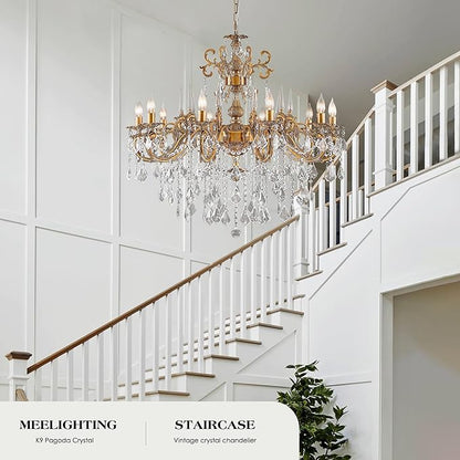 Gold Crystal Chandelier, 10-Light Antique Bronze Candle Pendant Ceiling Light Fixture with K9 Crystals for Dining and Living Room, Bedroom, Kitchen Island, Hallway, Dia 36"