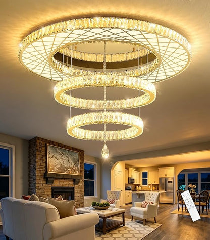 HAIXIANG 40 Inch LED Chandelier, Ceiling Light for Living Room Flush Mount Lighting Fixtures Remote Dimmable, Compatible with Sloped Dome Ceiling Install, Gold