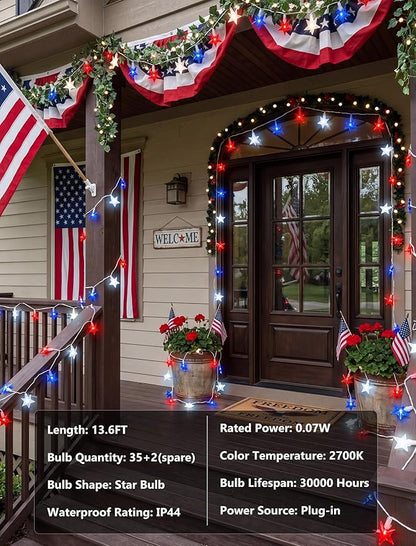 GOOTHY 13.6Ft LED Red White and Blue Star String Lights Plug in, Outdoor 4th of July Decorations Lights with 35 LED Star Light, Hanging Fairy Light for Independence Day Party Garden Patio Birthday
