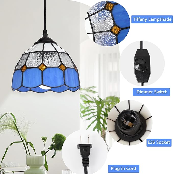 HuisMier Tiffany Style Plug in Pendant Light, Dimmable Small Hanging Lights with 15 Ft Plug in Cord, Vintage Stained Glass Swag Lamp for Dining Room Bedroom Living Room Porch, 7.9" Width