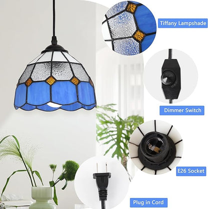 HuisMier Tiffany Style Plug in Pendant Light, Dimmable Small Hanging Lights with 15 Ft Plug in Cord, Vintage Stained Glass Swag Lamp for Dining Room Bedroom Living Room Porch, 7.9" Width