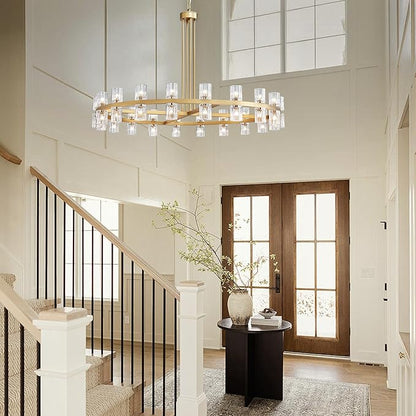 48" Gold Wagon Wheel Crystal Chandelier, Modern Round Chandelier for Dining Room Table, K9 Crystal Ceiling Chandelier for Living Room Entryway Foyer, Includes 40× G4 Bulbs