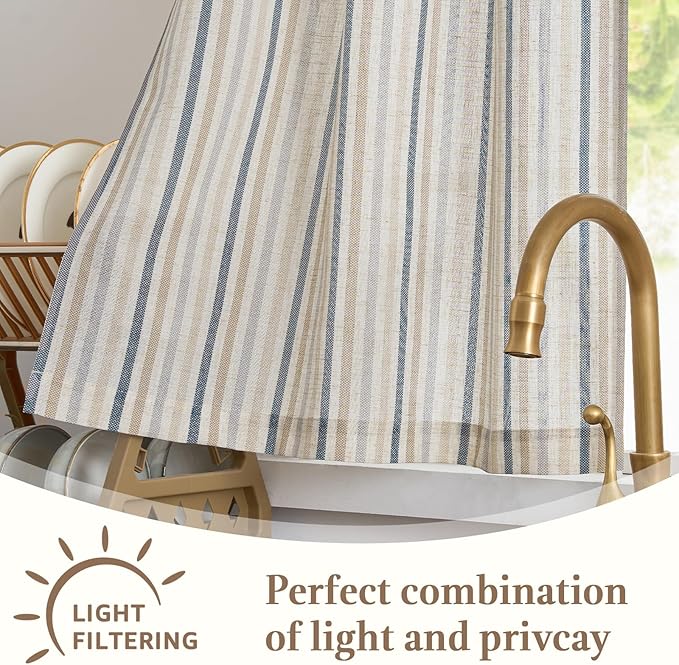 jinchan Colorful Striped Linen Kitchen Curtains 24 Inch Tier Curtains Farmhouse Modern Cafe Small Window Treatments Light Filtering Rod Pocket for Living Room Bathroom 2 Panels Multi Blue