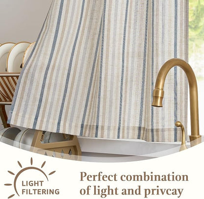 jinchan Colorful Striped Linen Kitchen Curtains 24 Inch Tier Curtains Farmhouse Modern Cafe Small Window Treatments Light Filtering Rod Pocket for Living Room Bathroom 2 Panels Multi Blue