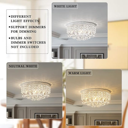 Maxax 4 Lights Crystal Chandelier, Modern Drum Ceiling Light Fixture Lamp, Raindrop Flush Mount Round Metal Shade, for Dining Room, Living Room, Bathroom, Bedroom, Chrome