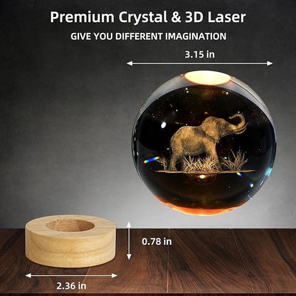 3D Crystal Ball Night Light, 3.15 Inch Glass Ball Lamp with 16 Color LED Wooden Base, Elephant Lamp Decor for Birthday, Holiday, Christmas Gifts