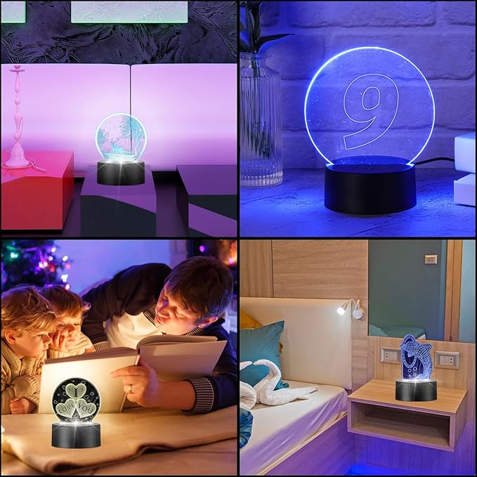 Riakrum 48 Pcs/12 Sets Acrylic Night Lights Clear Acrylic Sheets and 3D Night LED Light Lamp Base with Remote Control USB Cable, DIY LED Lamp Set for Restaurant Bar Cafe Room Decor(Round)
