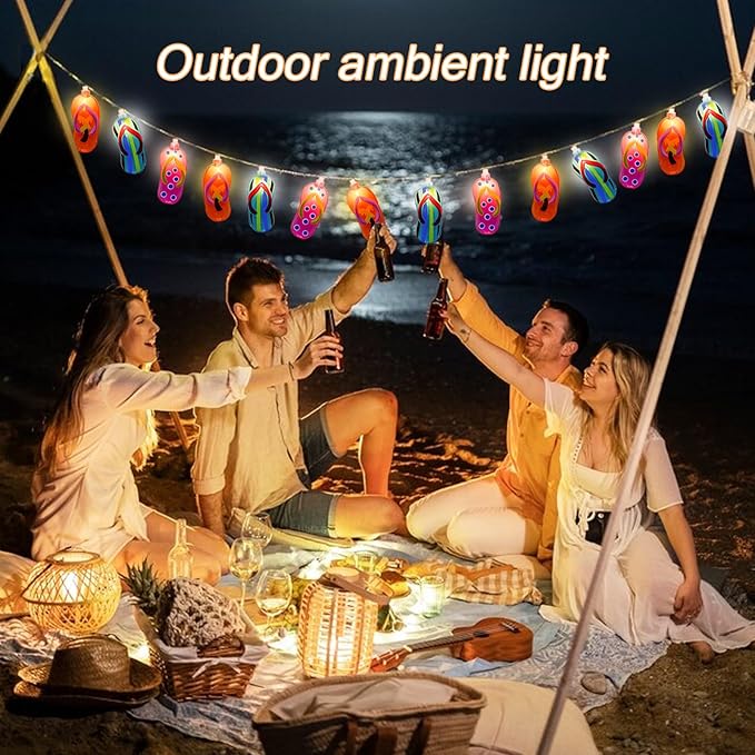8.5Ft Tropical Beach Themed Decorations Slipper LED String Lights with 10 Colorful Flip Flop, Outdoor Beach Flip Flop String Lights for Summer Camp Tent Wedding Holiday Party Garden Bedroom Decor