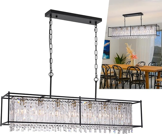 Modern Black Crystal Chandeliers For Dining Room, 50" Large Rectangle Water Ripple Glass Pendant Elegant Linear Lighting for Kitchen Island Dining Room LivingRoom Flat Inclined Ceiling,L50 x W11 x H19