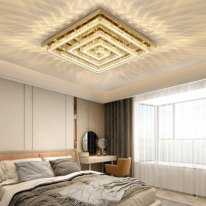 43 inch Gold Crystal Chandelier with Remote/APP Control, 3 Color Temperature Light Fixture & Brightness Adjustable, Modern Flush Mount LED Ceiling Light Fixture for Living Room Kitchen Dining Room