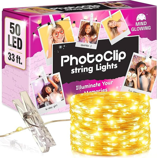Mind-Glowing Photo Clips String Light - Warm White Fairy Lights with Clips for Hanging Pictures - Teen Girl Room Decor, Trendy Stuff - Birthday Gift for Any Year Old Tween Girls (50 LED, 16.4 ft)