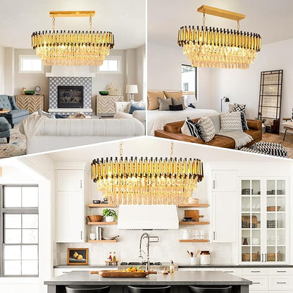 Depuley 31" Crystal Rectangle Chandelier: 3-Tier Gold Glass Crystal Chandelier Island Light Fixtures for Dining Room - 8-Light Linear Pendant Light for Kitchen Island Included Bulbs