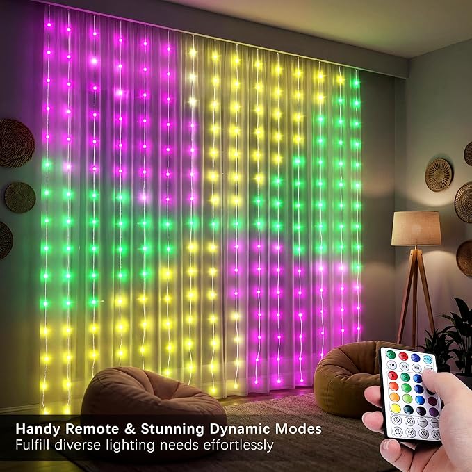 Color Changing Curtain Lights, 256 LED Red White Blue Window Curtain Lights with Remote, 5.16 * 5.24ft Plugin July 4th Window Fairy Light for Christmas July 4th Halloween Bedroom Wedding Home Decor