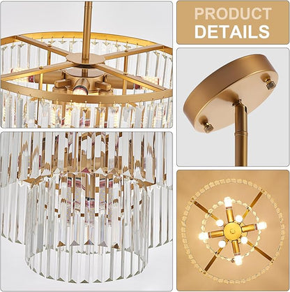 17.7" Gold Semi Flush Mount 2-Tier Crystal Ceiling Light Fixtures for Dining Room Modern Industrial 8-Light Chandeliers Lighting for Bedroom Entryway Hallway Kitchen Island Living Room Foyer