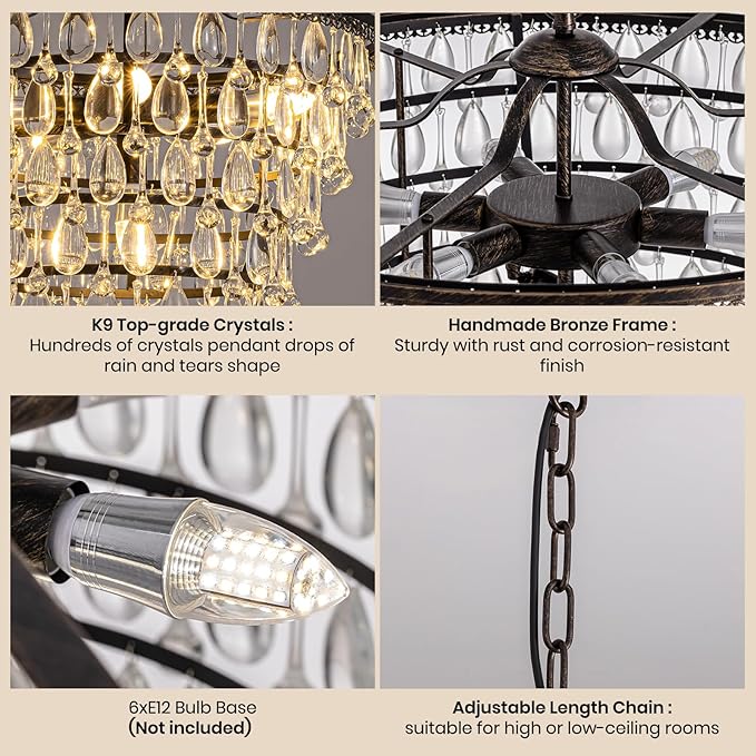 7PM Vintage Crystal Chandelier for Dining Room,20-inch Antique Crystal Ceiling Light Fixture, 5-Tier Bronze Chandelier for Living Room, Kitchen Island,Bedroom, Entryway