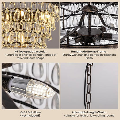 7PM Vintage Crystal Chandelier for Dining Room,20-inch Antique Crystal Ceiling Light Fixture, 5-Tier Bronze Chandelier for Living Room, Kitchen Island,Bedroom, Entryway