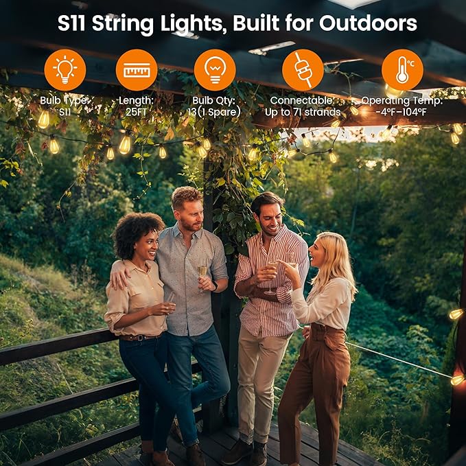 Outdoor String Lights, 25FT Patio Lights with 13 Shatterproof S11 Bulbs (1 Spare), IP65 Waterproof & Connectable, 2200K Warm White LED Hanging Lights for Cafe, Garden, Porch, Party Decor