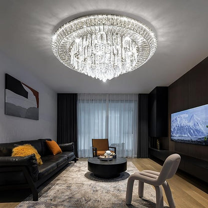 Modern Silver Crystal Chandelier LED Ceiling Light Fixture Raindrop Chandeliers Dimmable Lighting for Living Room Dining Room Entryway Bedroom