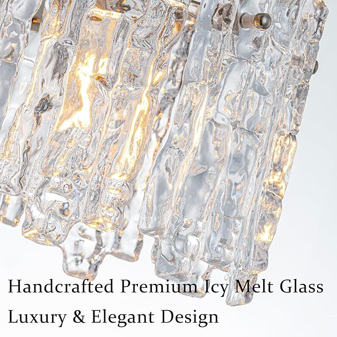 11" Handmade Ice Melt Glass Pendant Lights Kitchen Island Brushed Nickel Crystal Chandelier Modern Hanging Pendant Light Fixtures for Dining Room Foyer Entryway Living Room Bedroom Bar Cafe Restaurant
