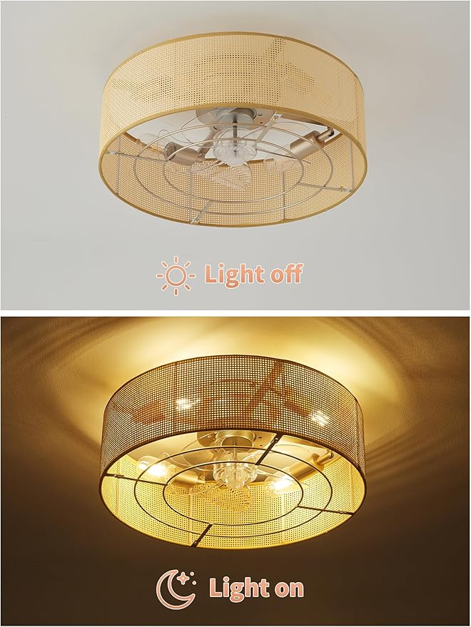 Ceiling Fans with Lights Flush Mount, 20" Rattan Boho Ceiling Fan with Light, Low rofile with 6 Speeds, Remote Control for Bedroom, Nursery, Living Room