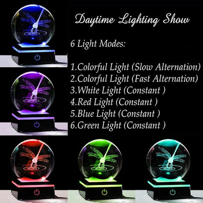 Qianwei Dragonfly 3D Crystal Ball 3.14'' - Laser Decor Glass Animals Gifts Figurines Statue for Women, Room Decorations and Night Light