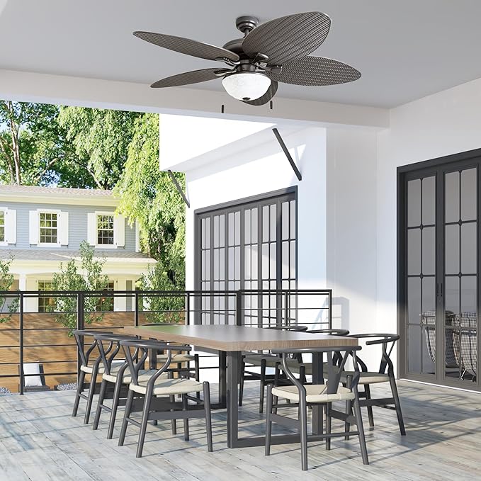 Honeywell Ceiling Fans Inland Breeze, 52 Inch Tropical Indoor Outdoor Ceiling Fan with Light, Pull Chain, Three Mount Options, Weather Resistant Blades - 50510-01 (Bronze)
