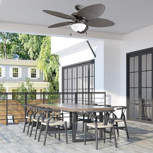 Honeywell Ceiling Fans Inland Breeze, 52 Inch Tropical Indoor Outdoor Ceiling Fan with Light, Pull Chain, Three Mount Options, Weather Resistant Blades - 50510-01 (Bronze)