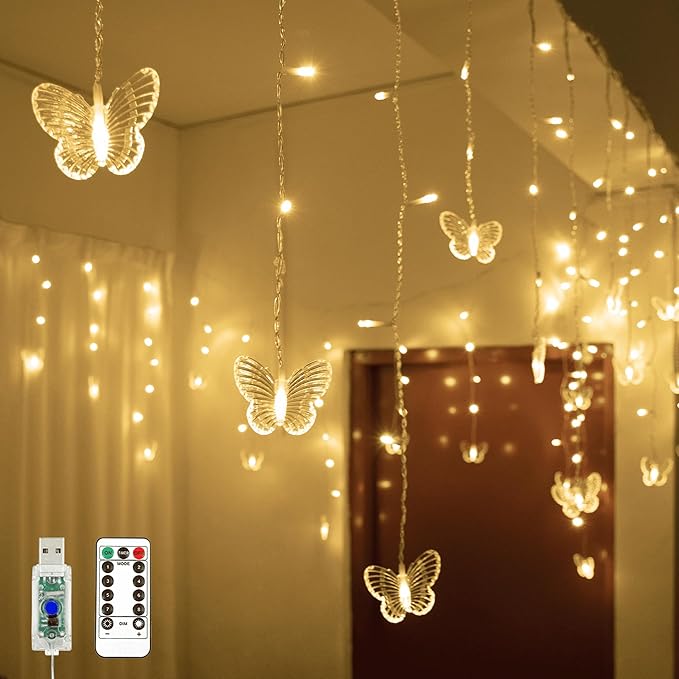 YOLIGHT Butterfly Curtain Lights 13ft 96 LED Fairy Light 8 Modes String Lights with Remote, Butterfly Hanging Decoration for Girls Room Bedroom Wall Ceiling Party Wedding Christmas (Warm White)