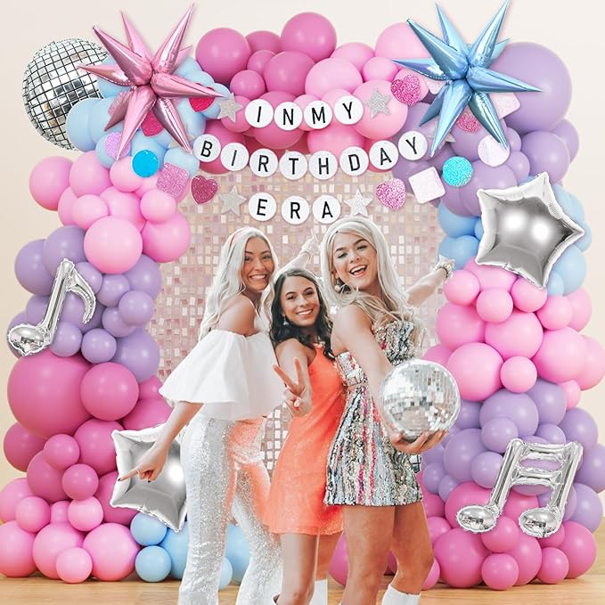 JOGAMS 184Pcs Silver Blue Pink and Purple Balloon Arch Kit with In My Birthday Era Banner Star Music Note Disco Ball Balloons for Friendship Songstar Fans Prom Karaoke Princess Theme Birthday Party