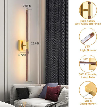 Morauroral 30″ Walnut Battery Operated Wall Sconces with Remote Control, Rechargeable Wall Sconces Set of 2, LED Sconces Wall Lighting, Wireless Wall Lights for Bedroom, Living Room, Background Wall