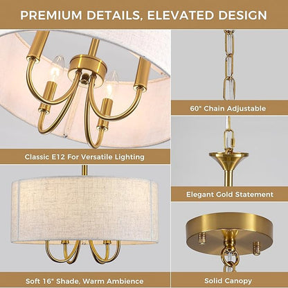 Drum Chandelier for Dining Room, 4-Light Modern Farmhouse Gold Chandelier with Linen Drum Shade, 16" Hanging Pendant Ceiling Light Fixture for Kitchen Island Bedroom Living Room