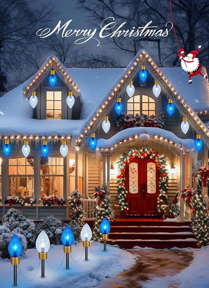 Strawberry Jumbo C9 Christmas Pathway Lights Outdoor - 2Pack Total 17FT 10 LED C9 Walkway Light, Christma Decoration Outside,Christmas Lights Outdoor for Lawn Yard Holiday, Blue & Pure White
