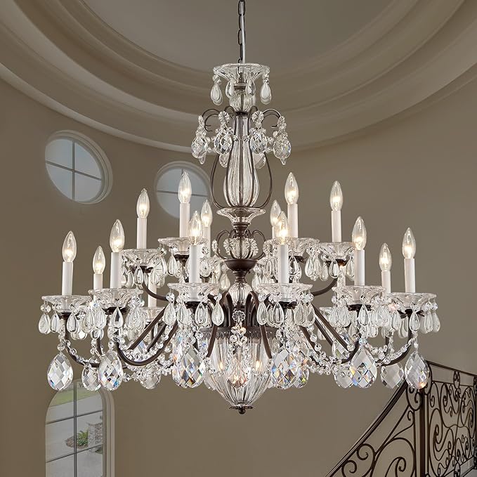 Vintage 2 Layers Crystal Chandelier for High Ceilings, 18-Light Brown Chandelier, Pendant Ceiling Light Fixture for Living Room Hallway Lobby Foyer Entrance Hotel Banquet Hall, Dia 37"