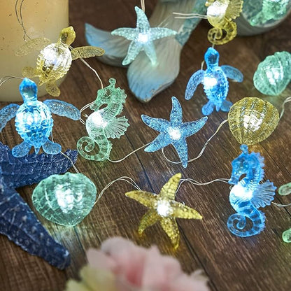 Nautical Theme Ocean Décor Beach Decorative String Lights Outdoor Seahorse Sea Turtle Starfish Shell Cute Marine Life Novelty Night Lights 30LED 10ft Battery Operated